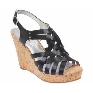 Guess WGeppie Black Strappy Leather Cork Wedge Slingback Sandals Size 9 VGC